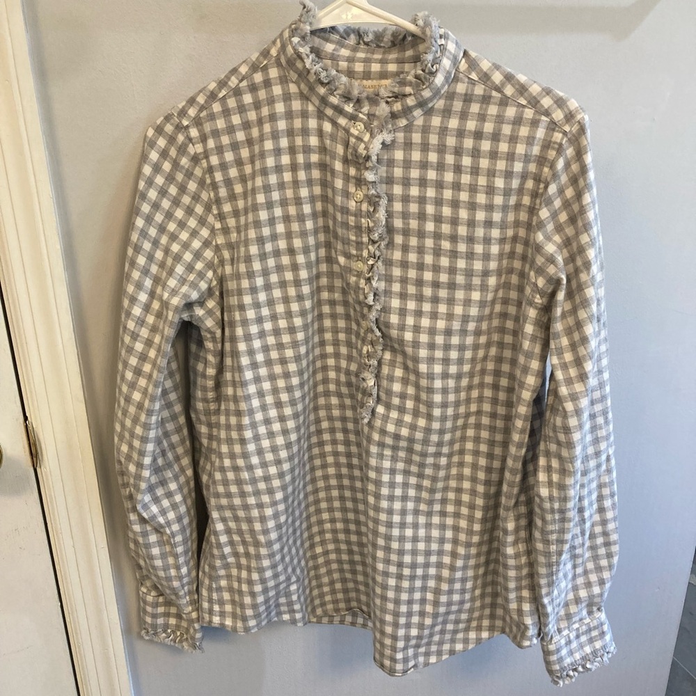 Ann Mashburn Size M Popover Frill Shirt Gray Gingham Poplin Classic Preppy